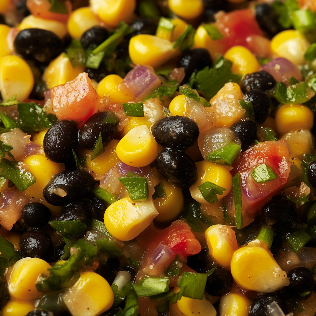 Fresh corn and black bean salsa in a white ceramic bowl, garnished with chopped cilantro and surrounded by tortilla chips. A vibrant summer dip made with tomatoes, lime, black beans, and corn.