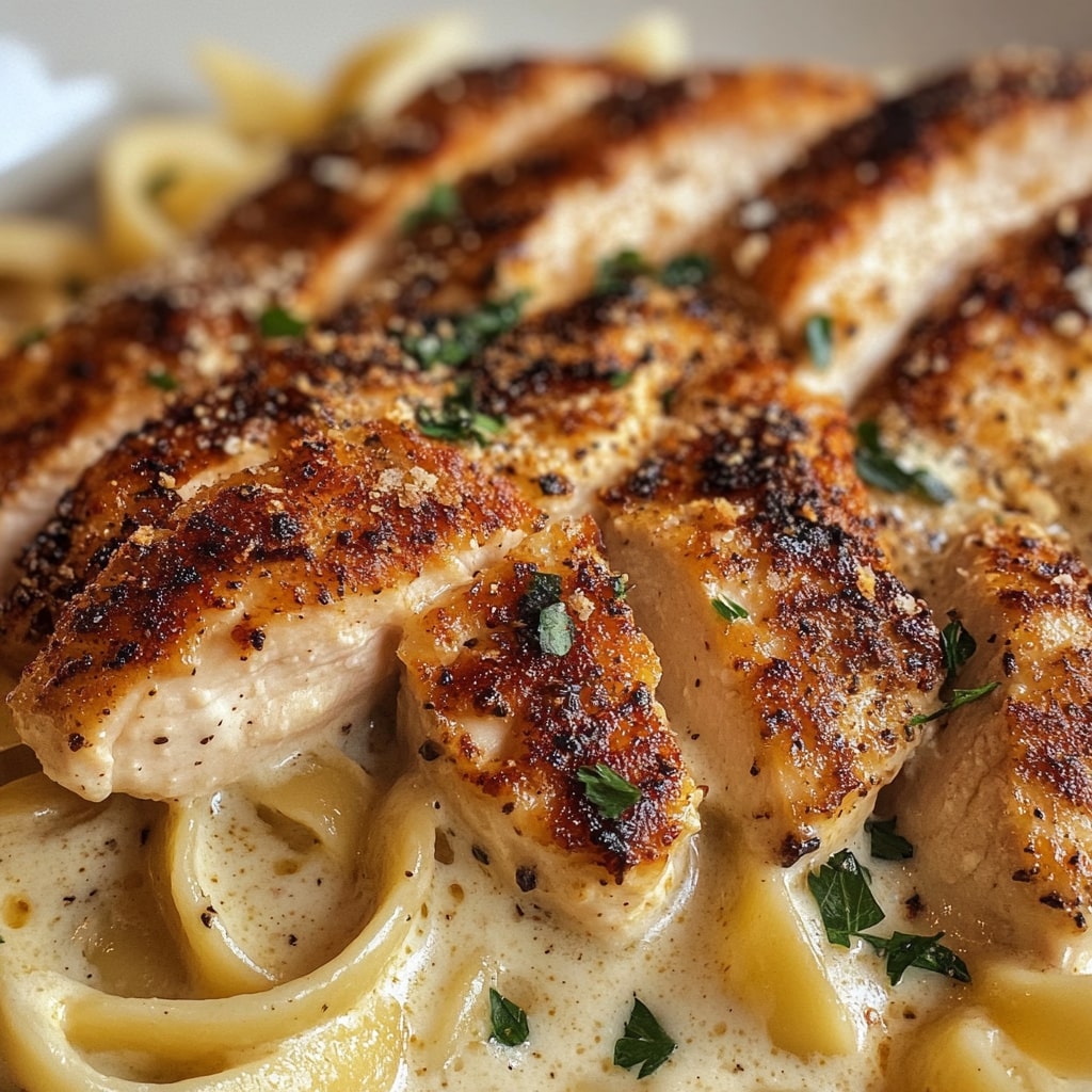 Creamy homemade Alfredo sauce poured over fettuccine pasta