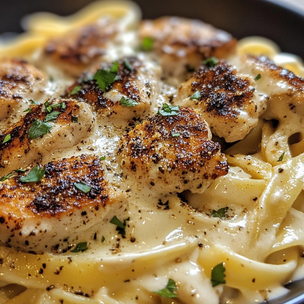 Plate of blackened chicken Alfredo pasta garnished with fresh parsley